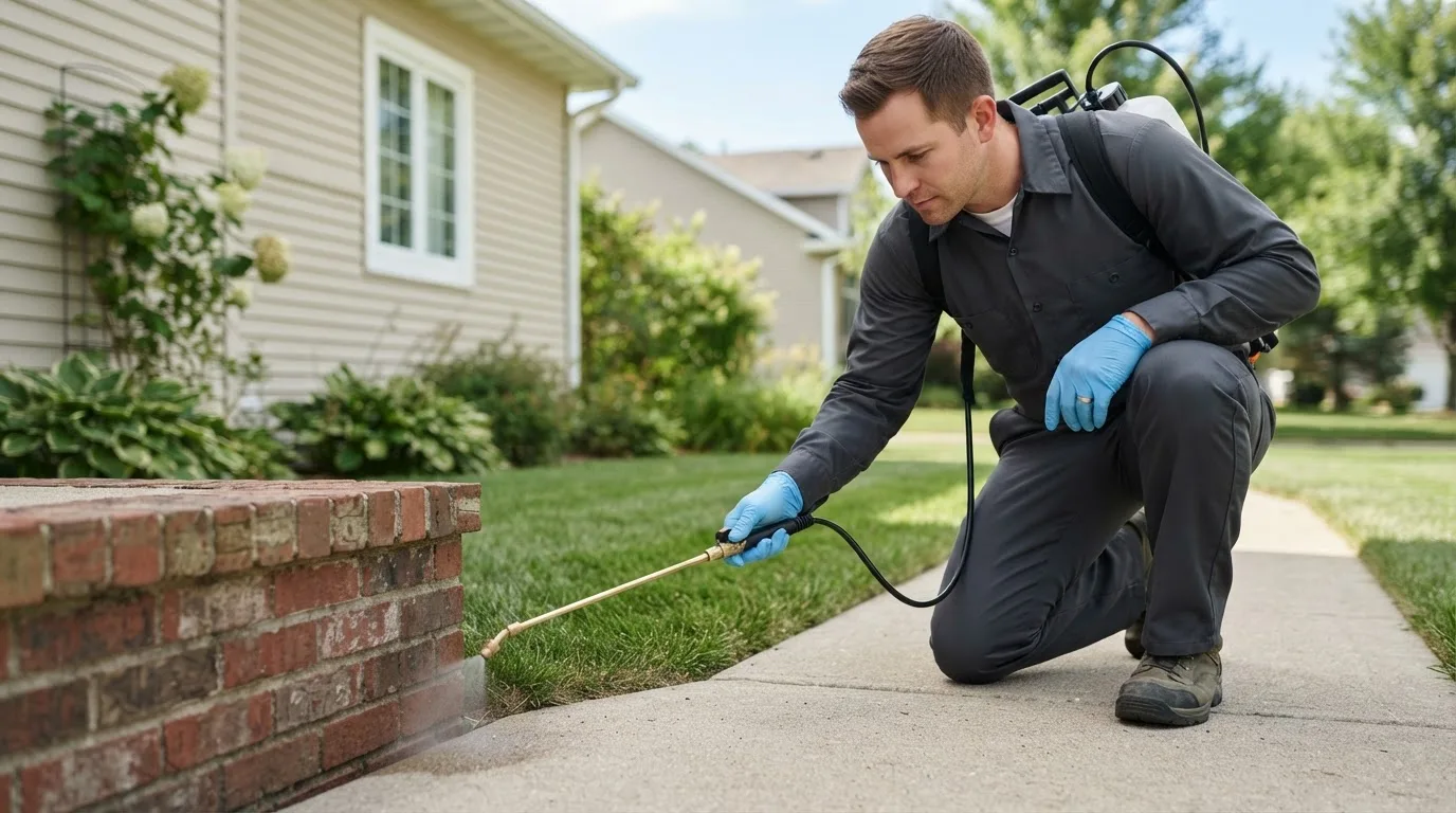 Pest control technician treating a home near Edwardsville, IL