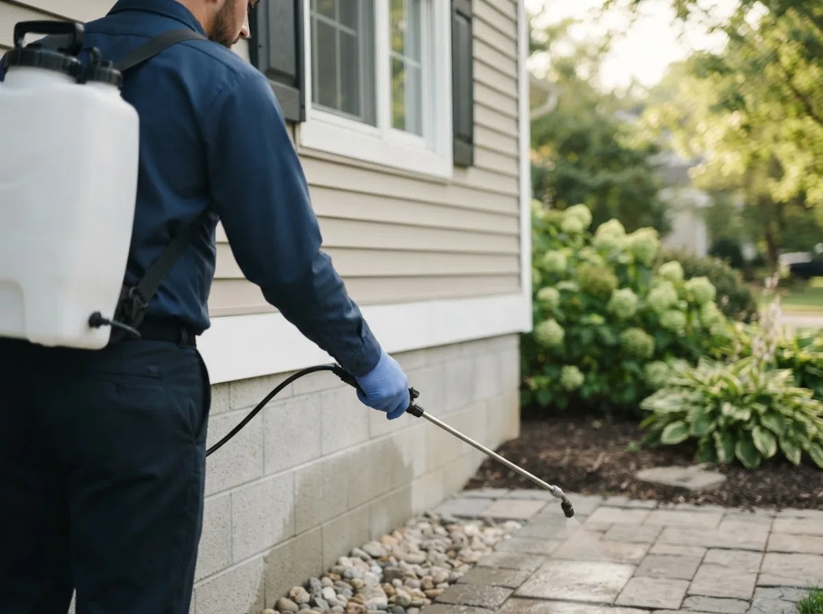 Pest control technician inspecting a home in Edwardsville, IL